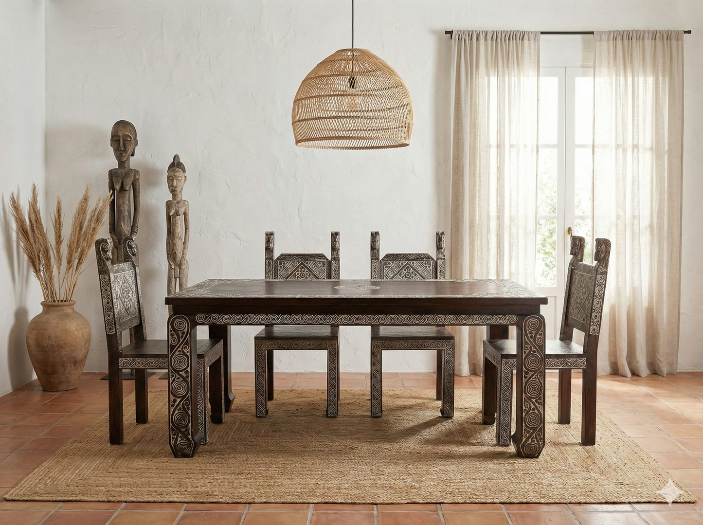 Mesa étnica de Timor en madera roja tallada a medida - AM-13967