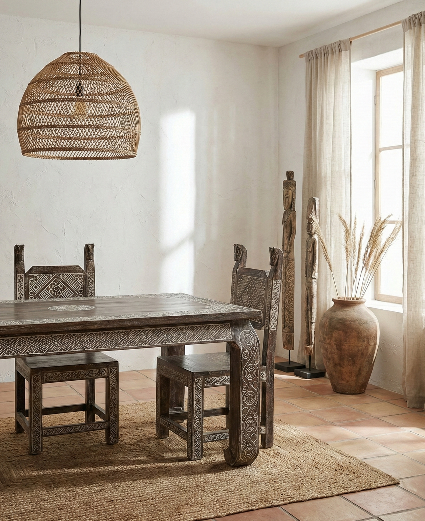 Mesa étnica de Timor en madera roja tallada a medida - AM-13967