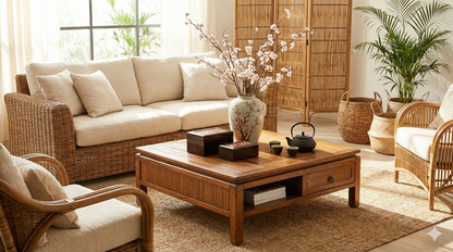 Mesas de centro colonial asiática a medida teca y bambú 55/85