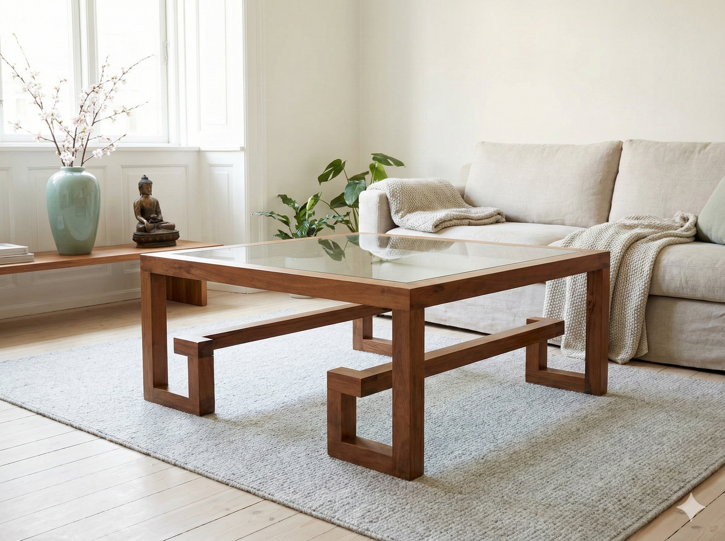 Mesa centro colonial asiática  a medida en teca y cristal AM202208041938