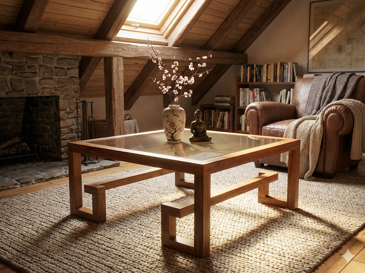 Mesa centro colonial asiática  a medida en teca y cristal AM202208041938