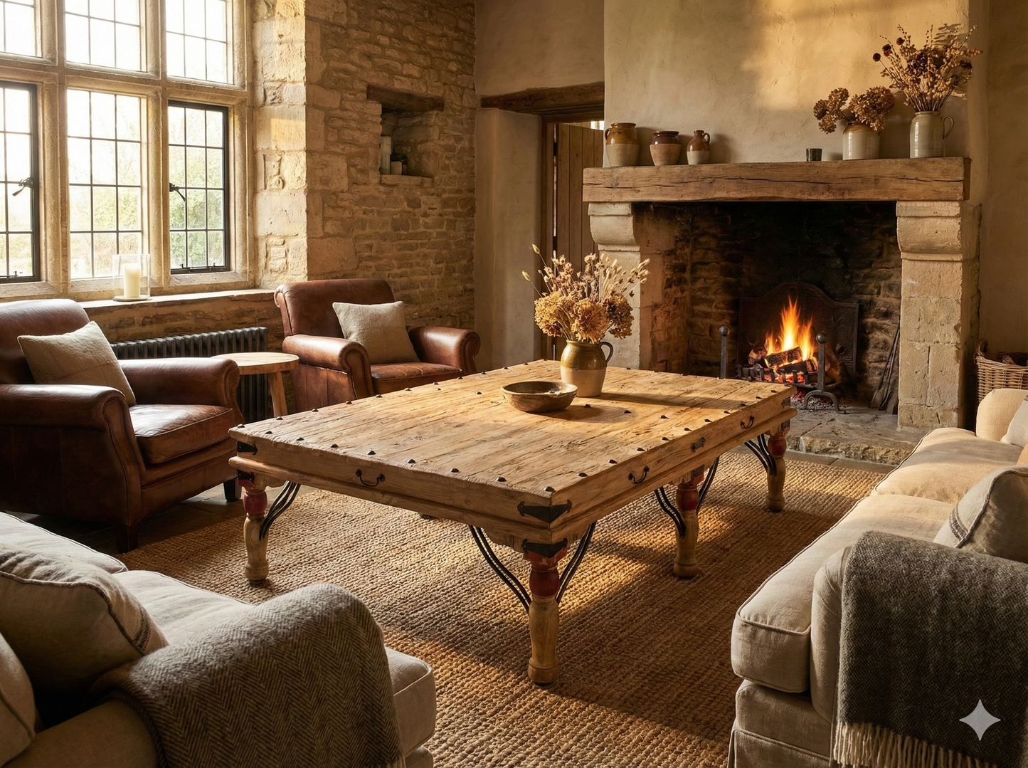 Mesa de centro en teca reciclada a medida con detalles metálicos - AM-14575