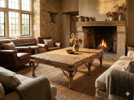 Mesa de centro en teca reciclada a medida con detalles metálicos - AM-14575