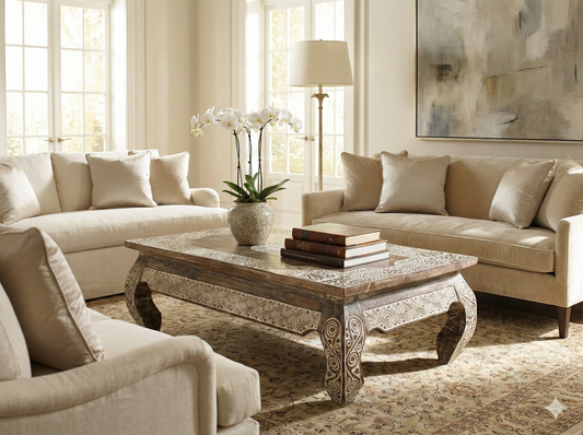 Mesa de centro tallada Toraja en teca AM-14592