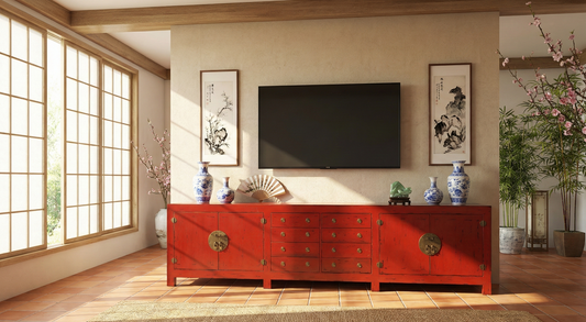 Mueble TV a medida colonial asiático en madera de teca AM-14618