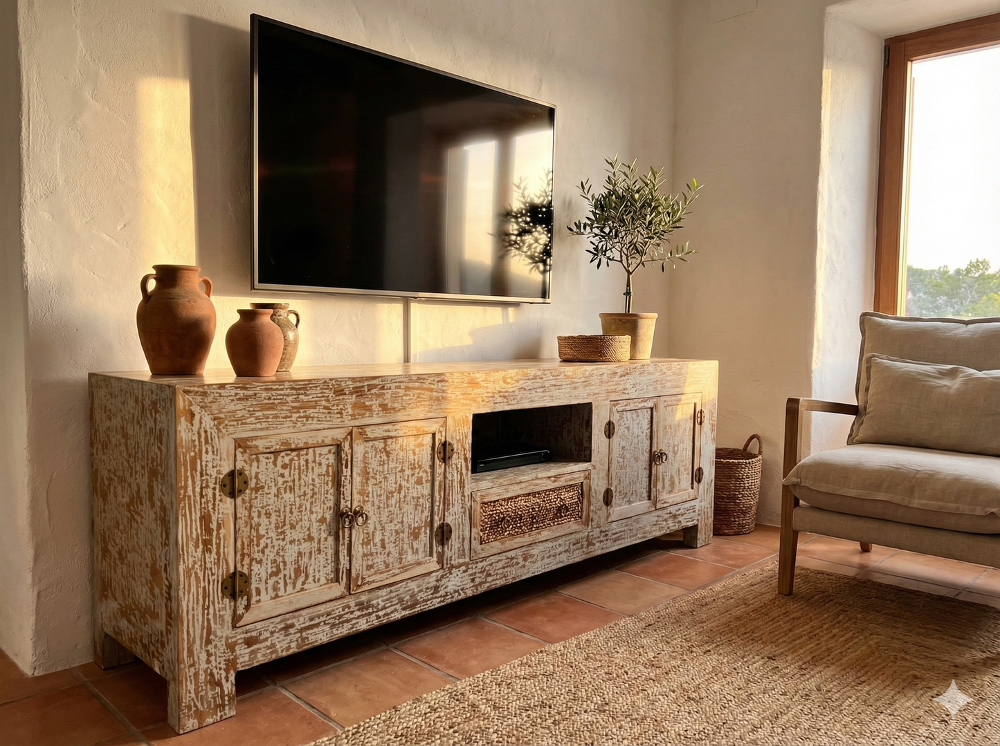 Mueble TV colonial asiático a medida teca y banana AM-14662