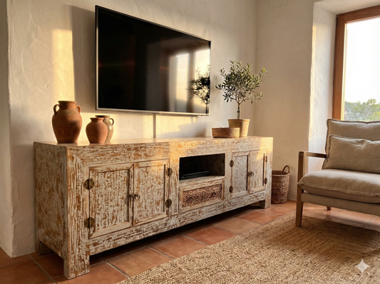 Mueble TV colonial asiático a medida teca y banana AM-14662