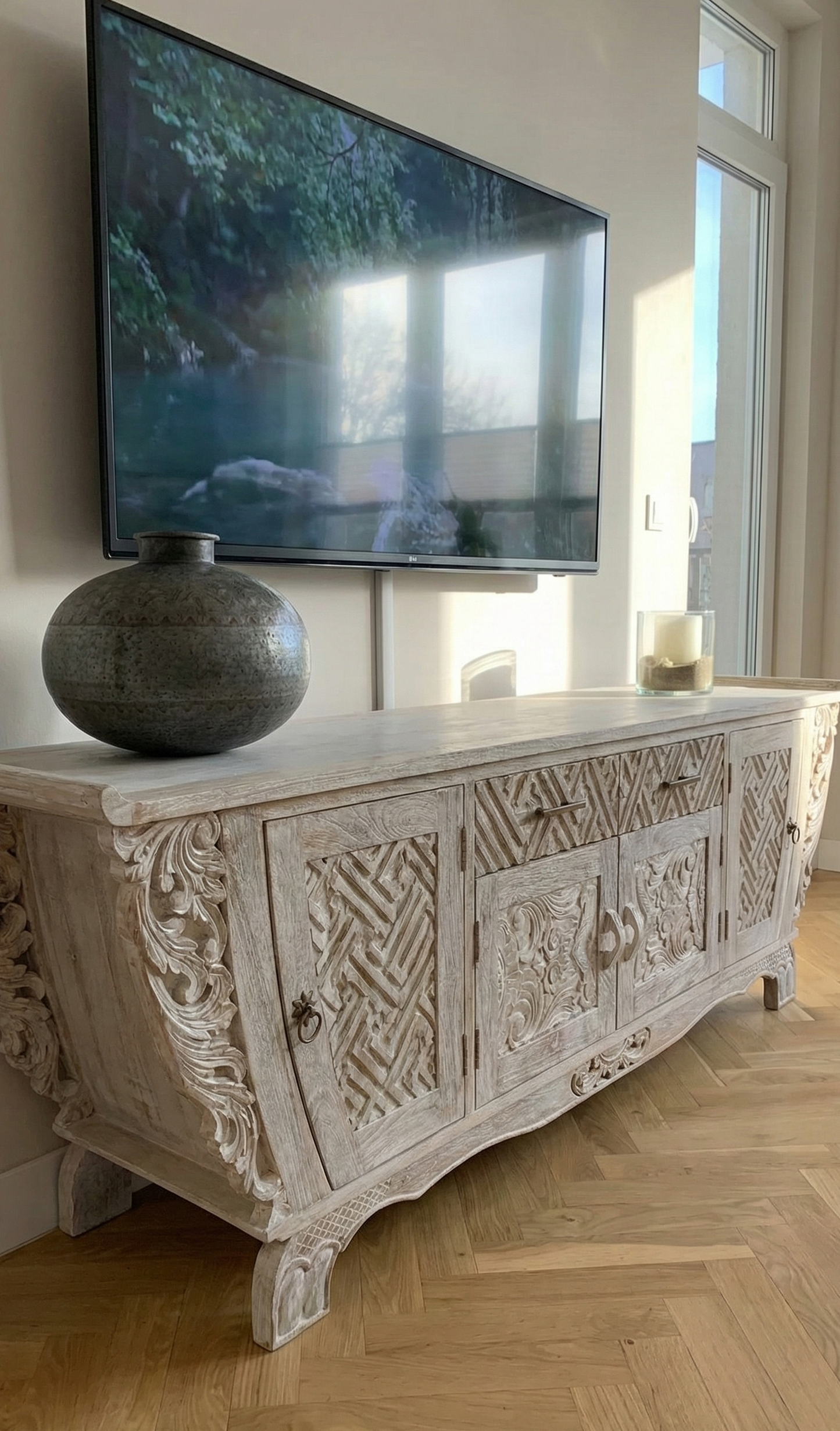 Mueble TV a medida colonial asiático tallado teca AM-21099