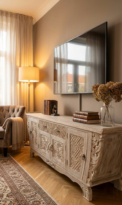 Mueble TV a medida colonial asiático tallado teca AM-21099