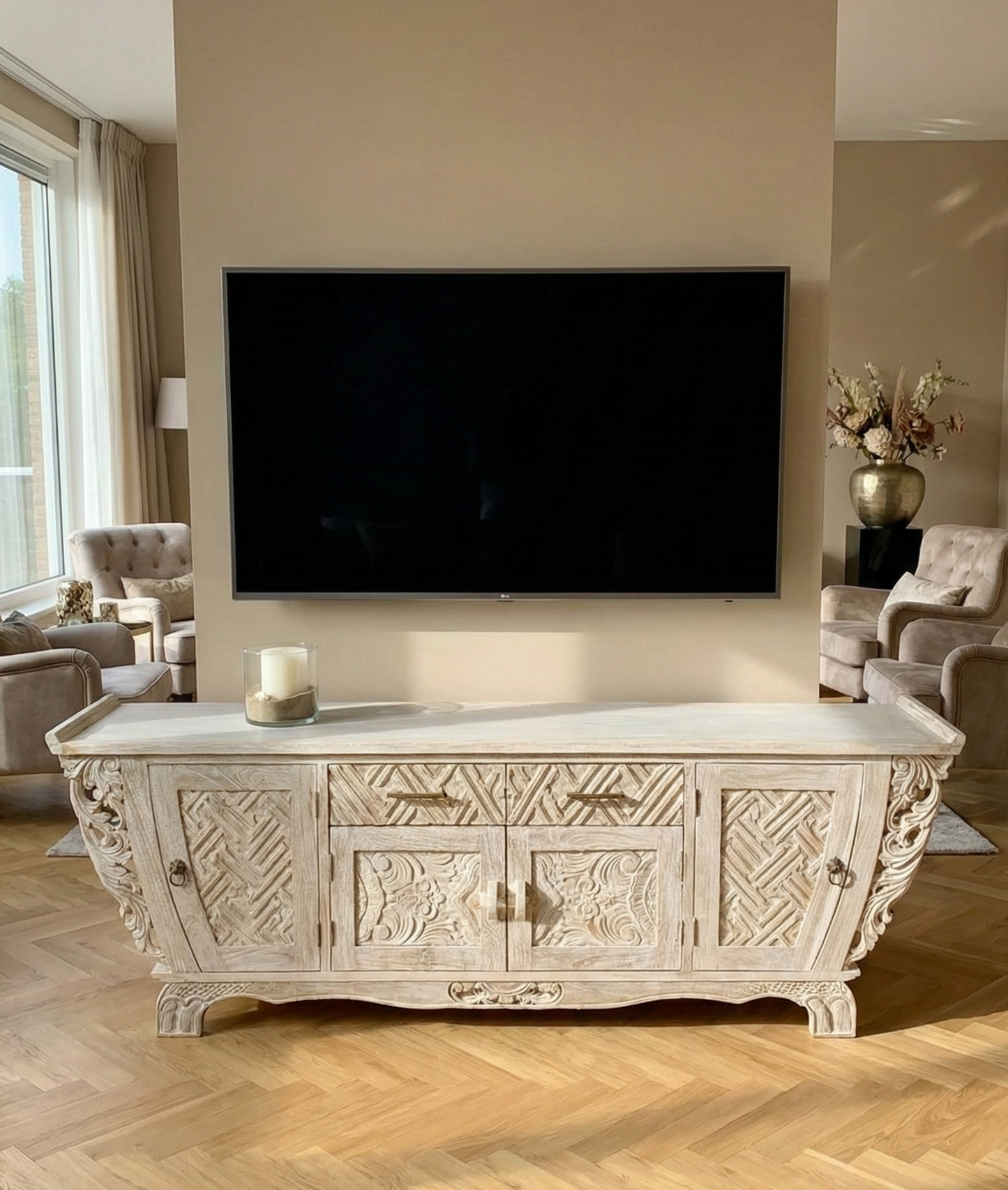 Mueble TV a medida colonial asiático tallado teca AM-21099