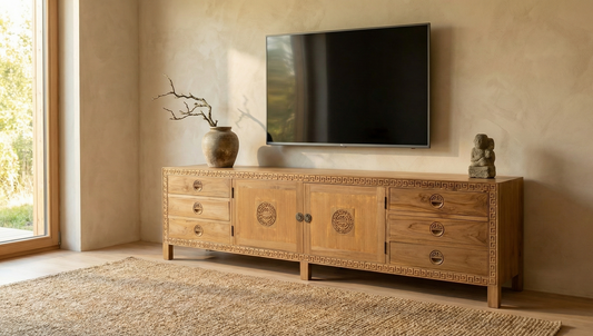 Mueble TV a medida colonial asiatico tallado teca AM6/22