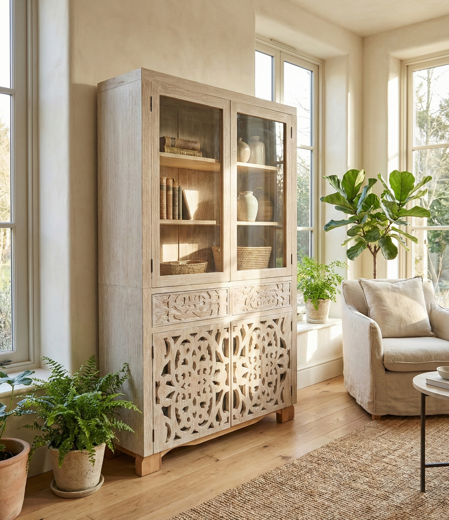 Vitrina colonial a medida en teca puertas talladas - AM-14387