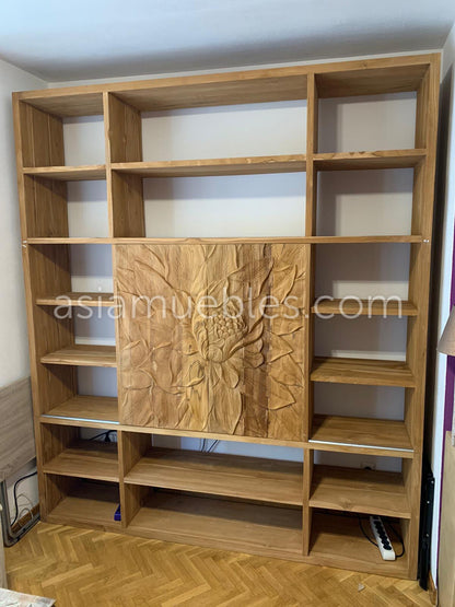 Mueble TV a medida en madera de teca tallada - AM-14670