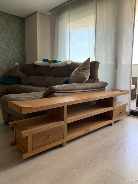 Mueble TV artesanal a medida en madera de teca estilo asiático minimalista AM202107151214