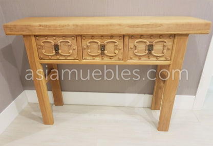 Consola colonial asiática en madera de teca con cajones tallados - AM-20425